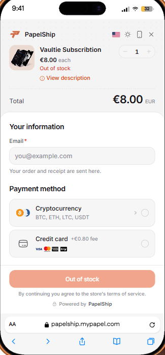 Mobiler PapelShip-Checkout für das Vaultie-Abo mit Krypto- und Kartenzahlung
