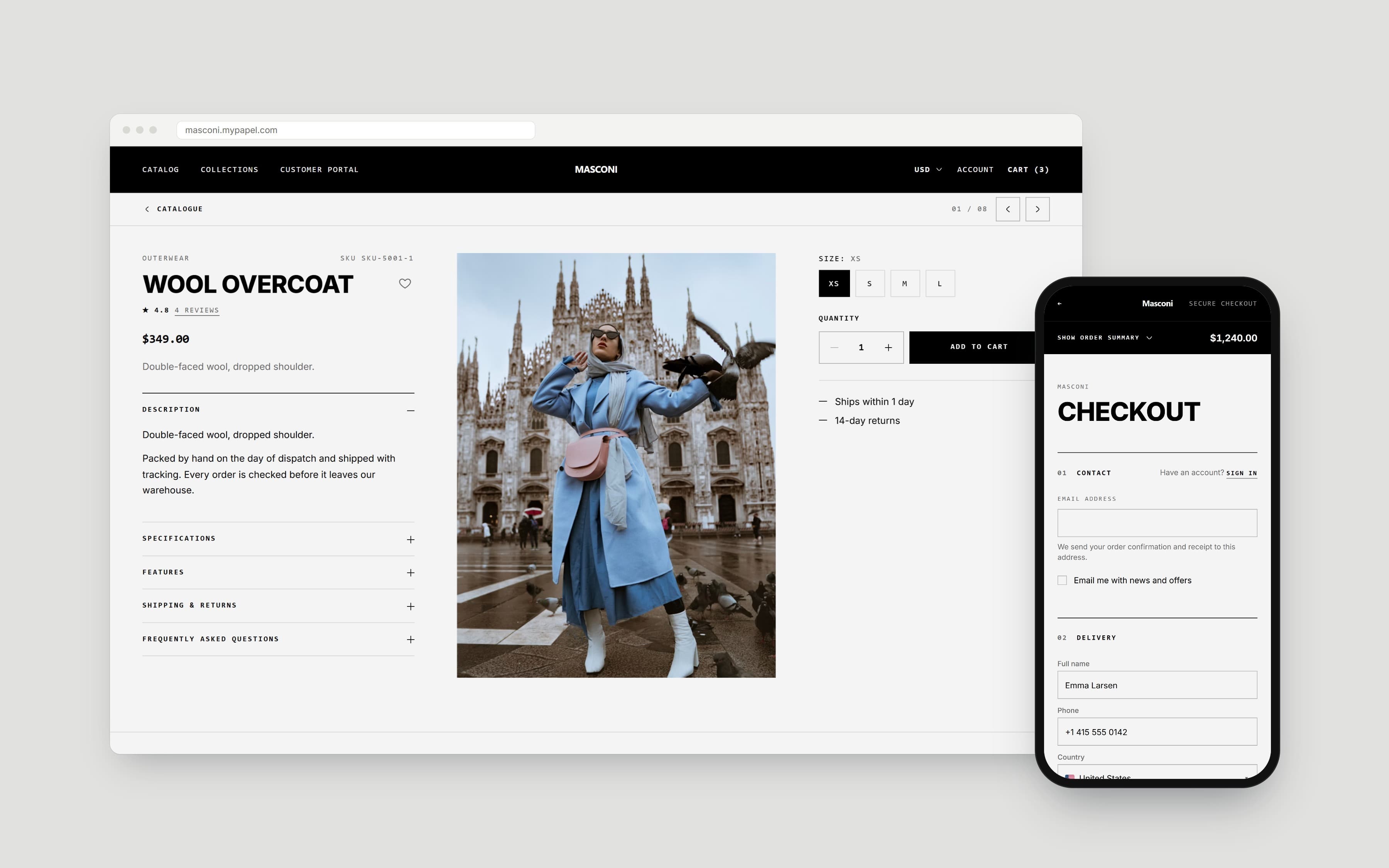 Masconi product page and checkout