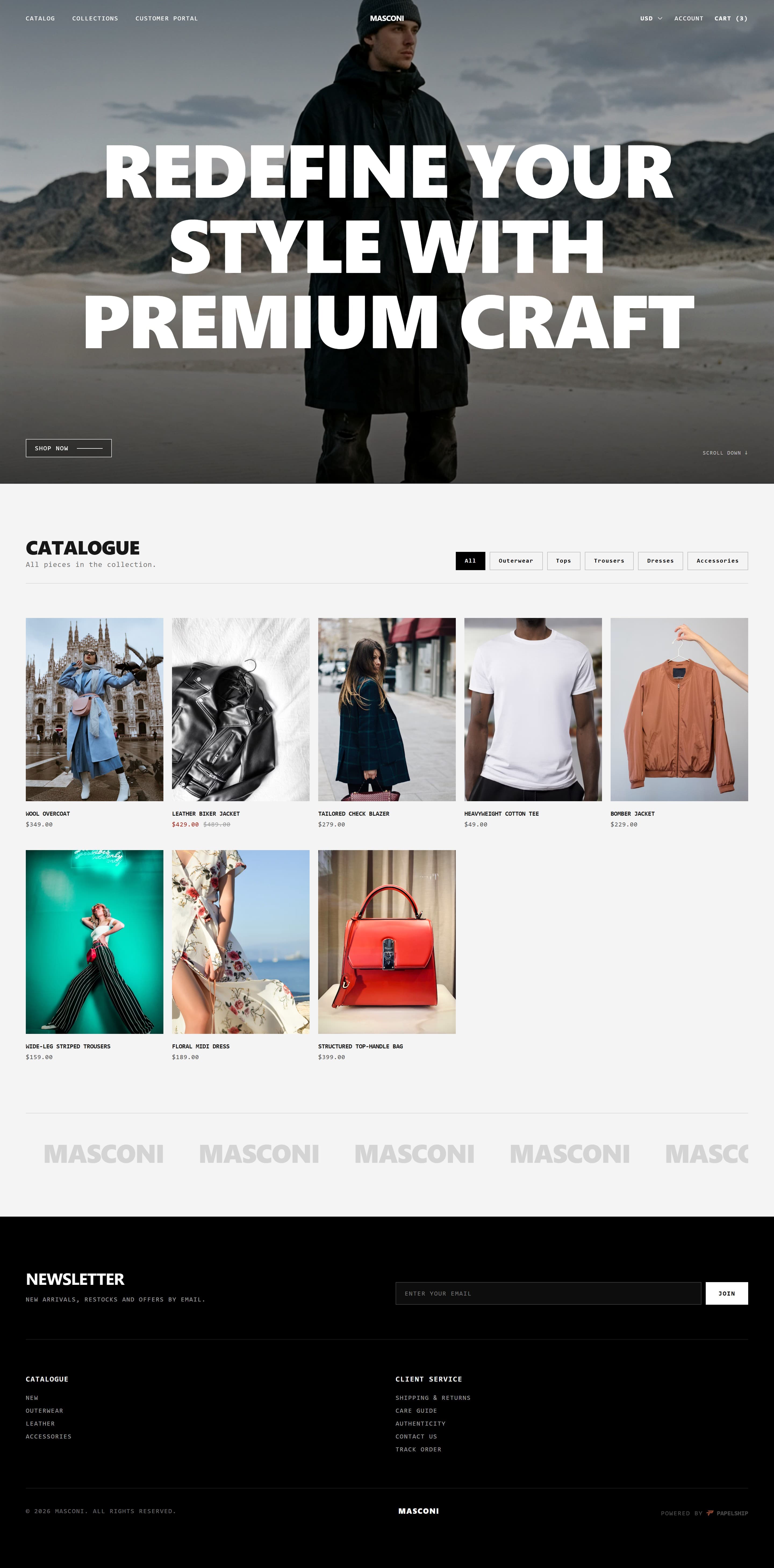 Masconi home page on desktop