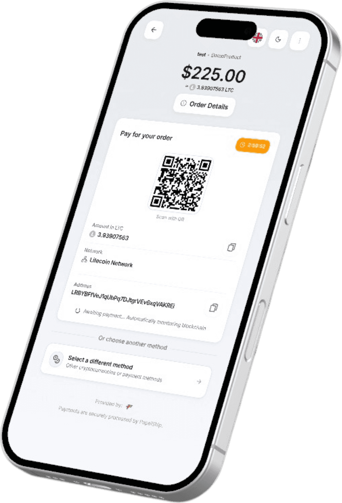 PapelShip-Krypto-Checkout auf einem Smartphone: QR-Code, Betrag in Litecoin, Netzwerk und Einzahlungsadresse, die Zahlung steht noch aus