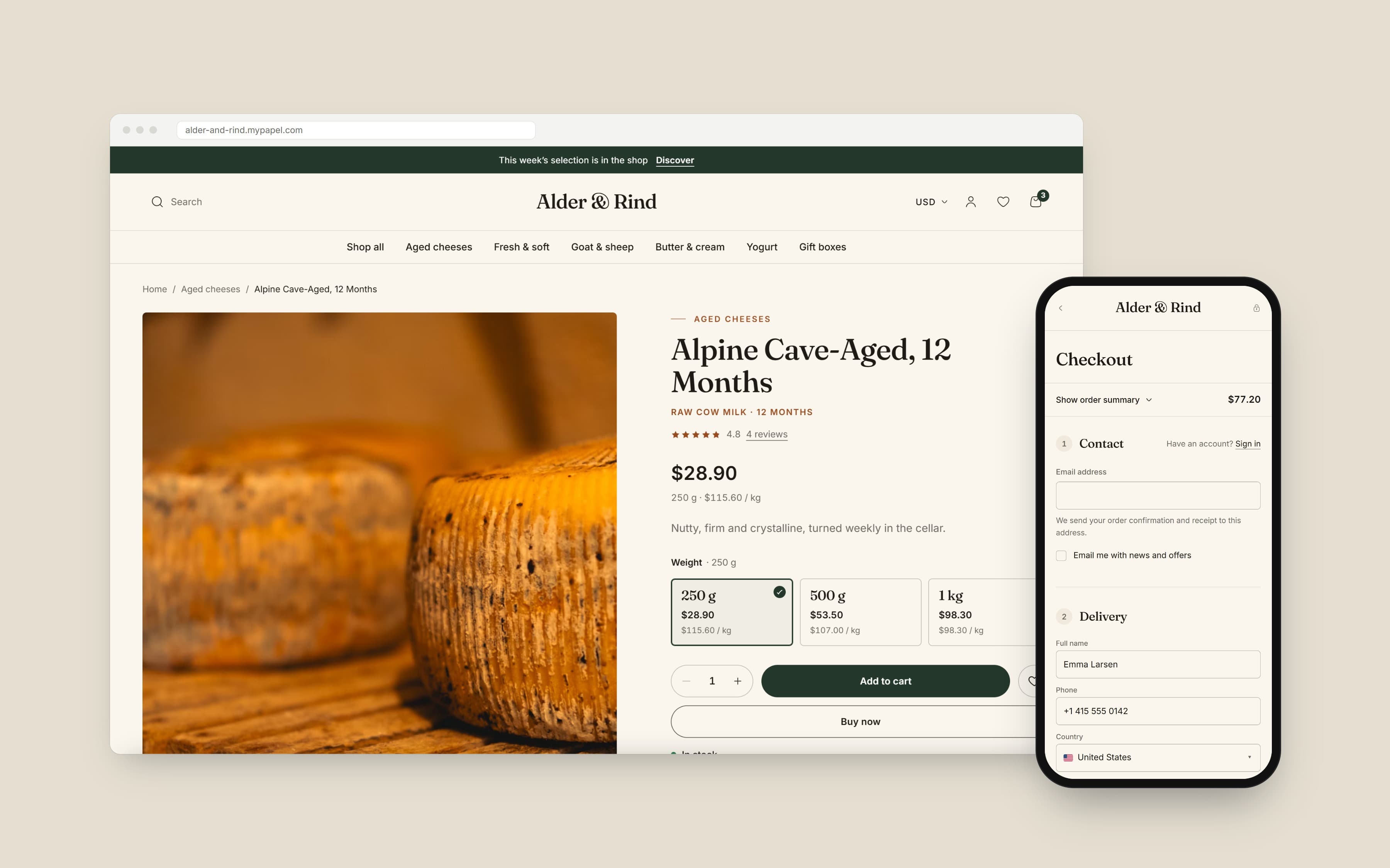 Creamery product page and checkout