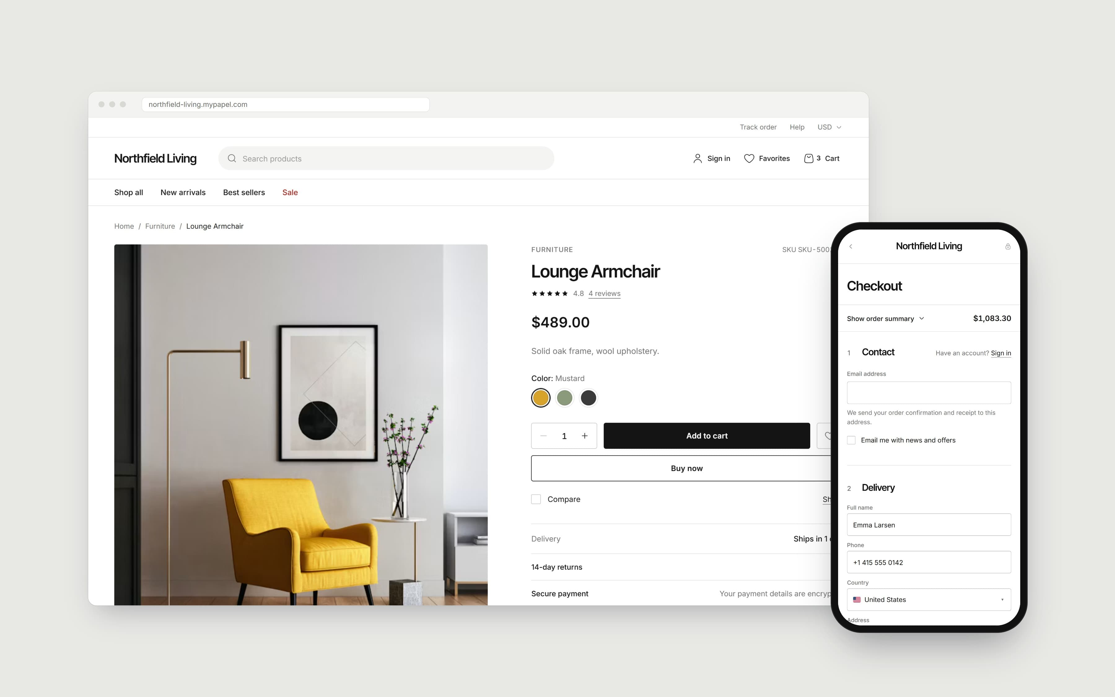 Meridian product page and checkout